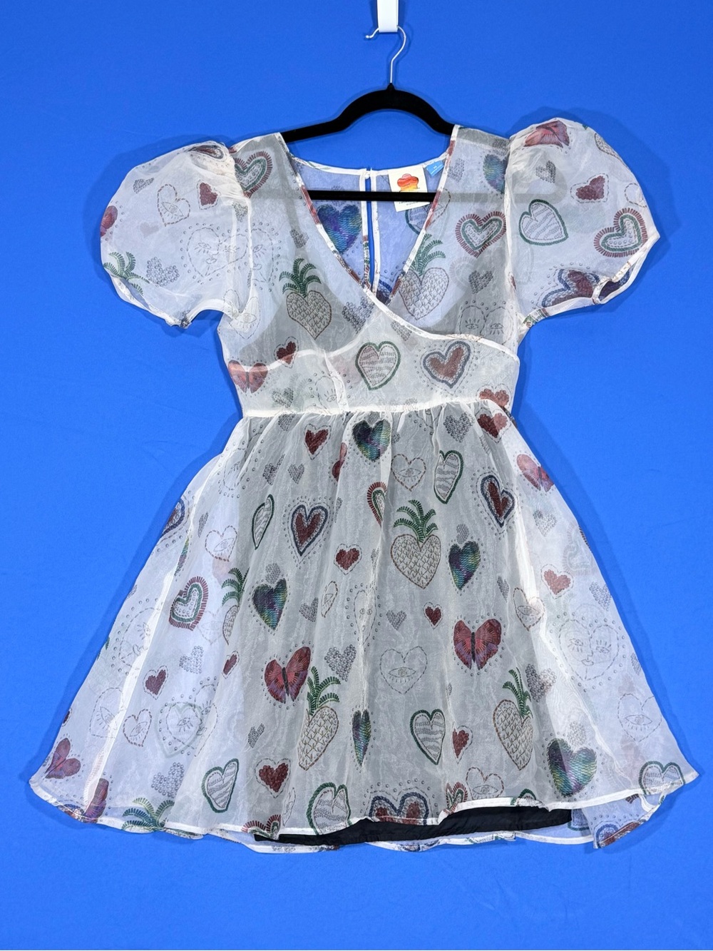 💗 FARM Rio Heart Print Sheer Organza Mini Dress Puff Sleeve 2 Piece XS/S